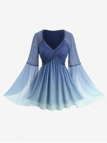Split Flare Sleeve Dip Dye Ombre Lace Crossover Top - DEEP BLUE - L