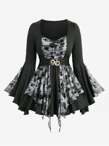 Skulls Tie Dye Print Snake Buckle Ruched Panel Lace Trim Flare Sleeves Top - BLACK - XXXL