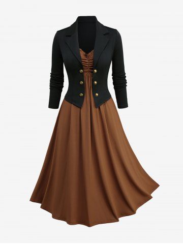 Plus Size Solid Ruched A Line Cami Dress and Lapel Collar Button Long Sleeve Coat Set - COFFEE - 3X | US 22-24