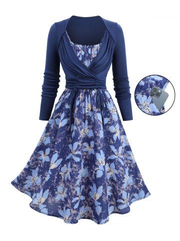 Flowers Tie Dye Print Ruched Ruffles Cami Dress With Cinched Surplice Top - DEEP BLUE - S