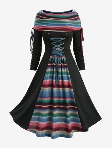 Rainbow Stripes Print Grommets Lace Up Cinched Turn Down Collar Dress - BLACK - XL