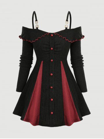 Plus Size Ruffles Collar Full Buttons Ruched Ribbed Patchwork Long Sleeves Top - DEEP BLUE - 5X | US 30-32