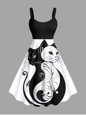 Robe débardeur trapèze à imprimé chat bicolore grande taille - WHITE - 2X