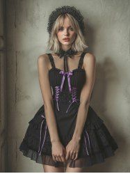 Gothic Daisy Flower Jacquard Bowknot Cinched Lace Up Ruffles Chiffon Trim Patchwork A Line Tank Dress -  