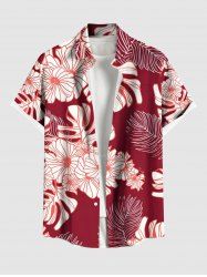 Plus Size Tropical Leaf Flower Print Hawaii Button Pocket Shirt For Men -  