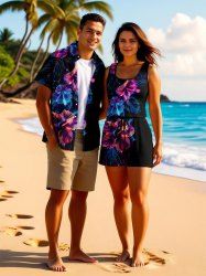 Tenue de plage hawaïenne assortie grande taille à imprimé tropical, fleurs d'hibiscus et feuilles, pour couples - Noir 