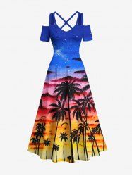 Plus Size Coconut Tree Galaxy Ombre Cloud Print Cold Shoulder Crisscross Hawaii Maxi Dress -  