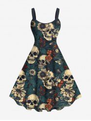 Plus Size Skulls Flowers Print Hawaii Tank Dress -  