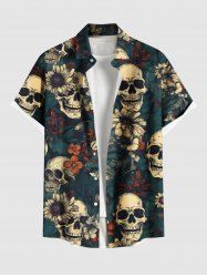 Plus Size Skulls Flowers Print Buttons Pocket Hawaii Shirt For Men -  