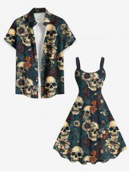 Skulls Flowers Print Plus Size Matching Hawaii Beach Outfit For Couples -  