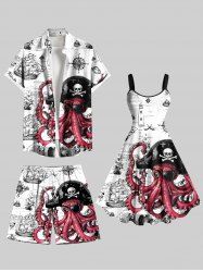 Skull Octopus Pirate Sailboat Print Plus Size Matching Hawaii Beach Outfit For Couples -  