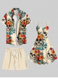 Skulls Tropical Leaf Hibiscus Flowers Print Plus Size Matching Hawaii Beach Outfit For Couples -  