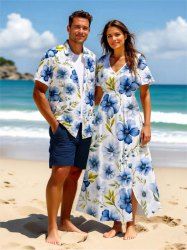 Tenue de plage hawaïenne assortie grande taille à imprimé fleurs et feuilles pour couples - Blanc 
