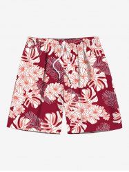 Plus Size Tropical Leaf Hibiscus Flower Print Hawaii Drawstring Pocket Beach Shorts For Men -  