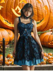 Gothic Floral Lace Overlay Cross Chain Layered Ruffles A Line Tank Dress -  