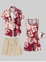 Ensemble chemise hawaïenne, short et barboteuse assortis, grande taille, tenue de plage à imprimé feuilles tropicales et fleurs pour couples - Rouge 