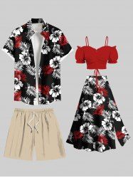 Two Tone Tropical Leaf Hibiscus Flower Print Plus Size Matching Hawaii Beach Outfit For Couples -  