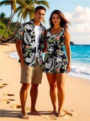 Ensemble chemise et barboteuse hawaïennes assorties, grande taille, tenue de plage à imprimé feuilles tropicales et fleurs pour couples - Noir 
