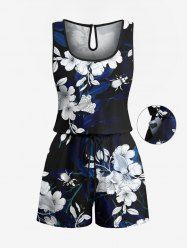 Plus Size Ombre Hibiscus Flower Leaf Branch Print Hawaii Drawstring Pocket Romper -  