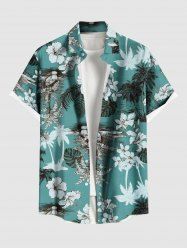 Plus Size Coconut Tree Tropical Leaf Hibiscus Flower Print Hawaii Button Pocket Shirt For Men -  