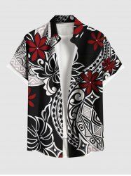 Chemise hawaïenne à boutons et poches pour homme, grande taille, imprimé ethnique, feuilles tropicales, hibiscus et fleurs - Noir 2XL