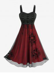 Skull Rose Flower Flocking Lace-up Grommets Lace Trim Tank Dress -  