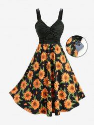 Sunflowers Print Ruched Twist Pockets Tank Dress -  