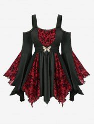 Gothic Plus Size Mesh Cross Floral Flocking Lace Trim Butterfly Buckle Cold Shoulder Flare Sleeves Top -  