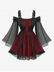 Lace Up Grommet Ruched Cold Shoulder Sheer Mesh Flare Sleeves Top -  