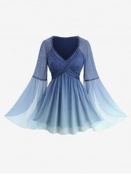 Haut croisé en dentelle ombrée à manches évasées et à effet dip-dye - Bleu profond XXL