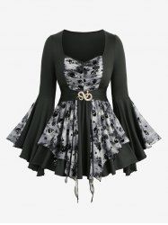 Skulls Tie Dye Print Snake Buckle Ruched Panel Lace Trim Flare Sleeves Top -  