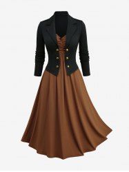 Plus Size Solid Ruched A Line Cami Dress and Lapel Collar Button Long Sleeve Coat Set -  