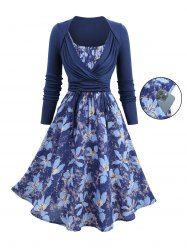 Robe à bretelles fines à imprimé tie-dye fleuri et volants froncés, avec haut cache-cœur cintré. - Bleu profond XXL