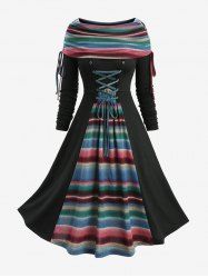 Rainbow Stripes Print Grommets Lace Up Cinched Turn Down Collar Dress -  