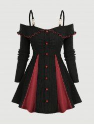 Plus Size Ruffles Collar Full Buttons Ruched Ribbed Patchwork Long Sleeves Top -  