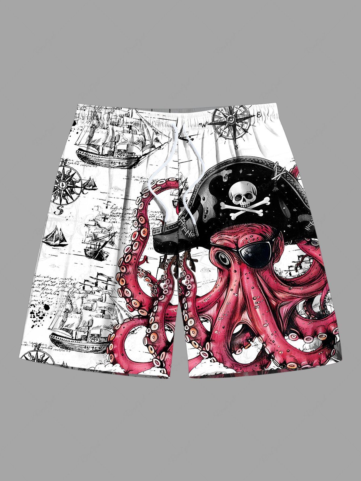 Cheap Plus Size Octopus Pirate Ship Rudder Cruise Print Hawaii Beach Shorts For Men  