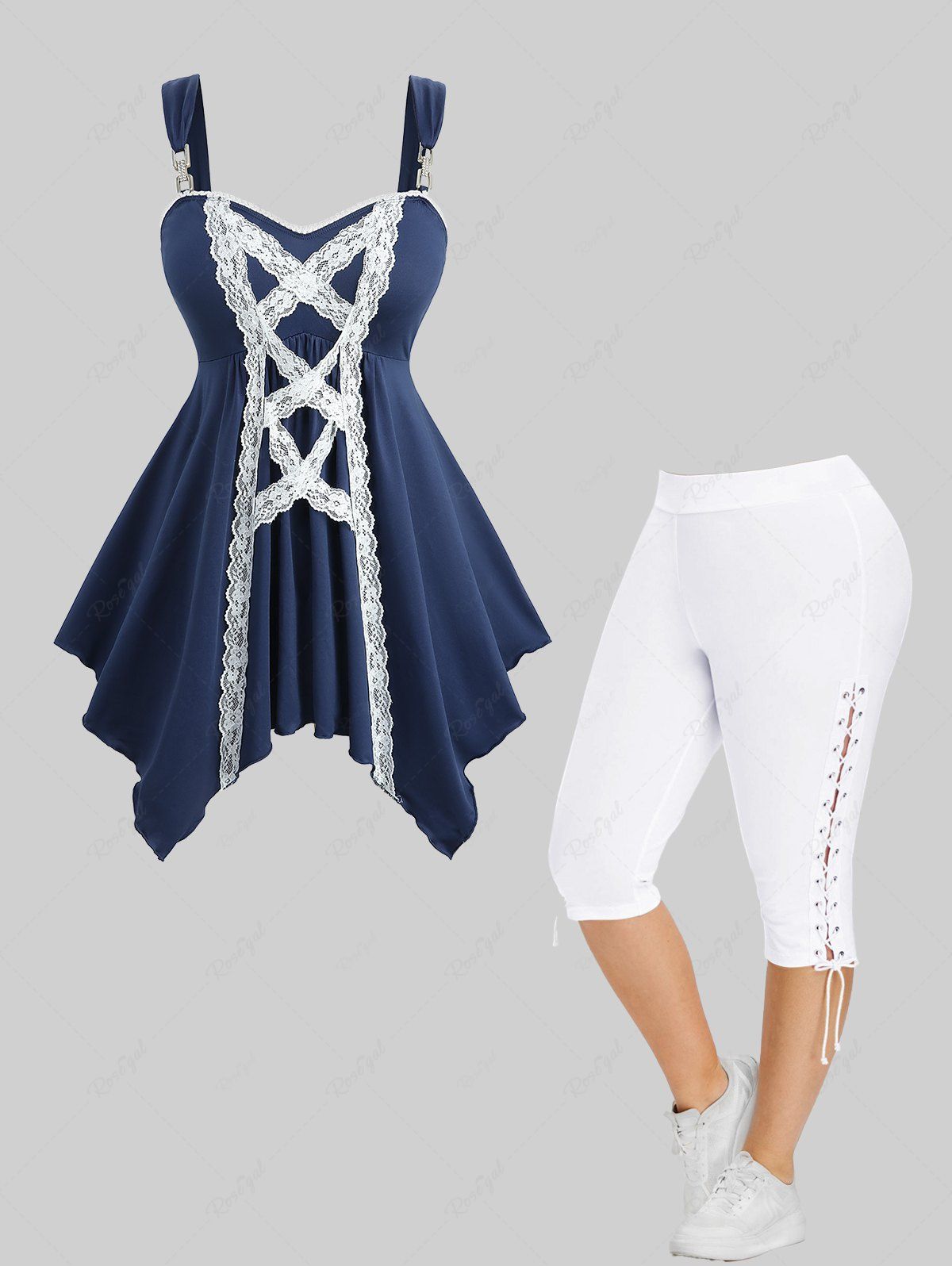 Cheap Two Tone Handkerchief Tank Top and High Waisted Lace Up Capri Pants Plus Size Outfit  