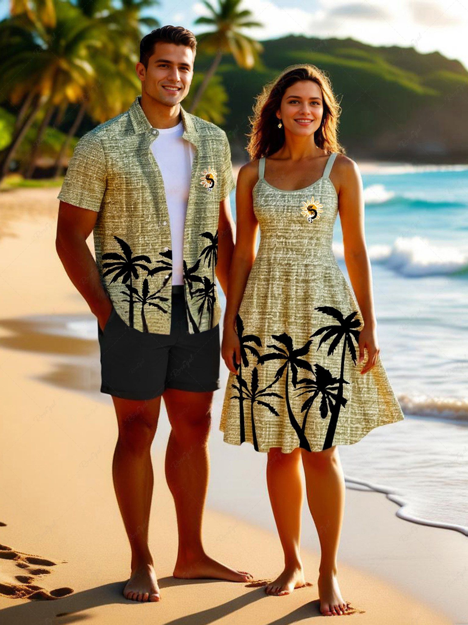 Tenue de plage hawaïenne assortie grande taille à imprimé cocotier et soleil chiné pour couples Vert 