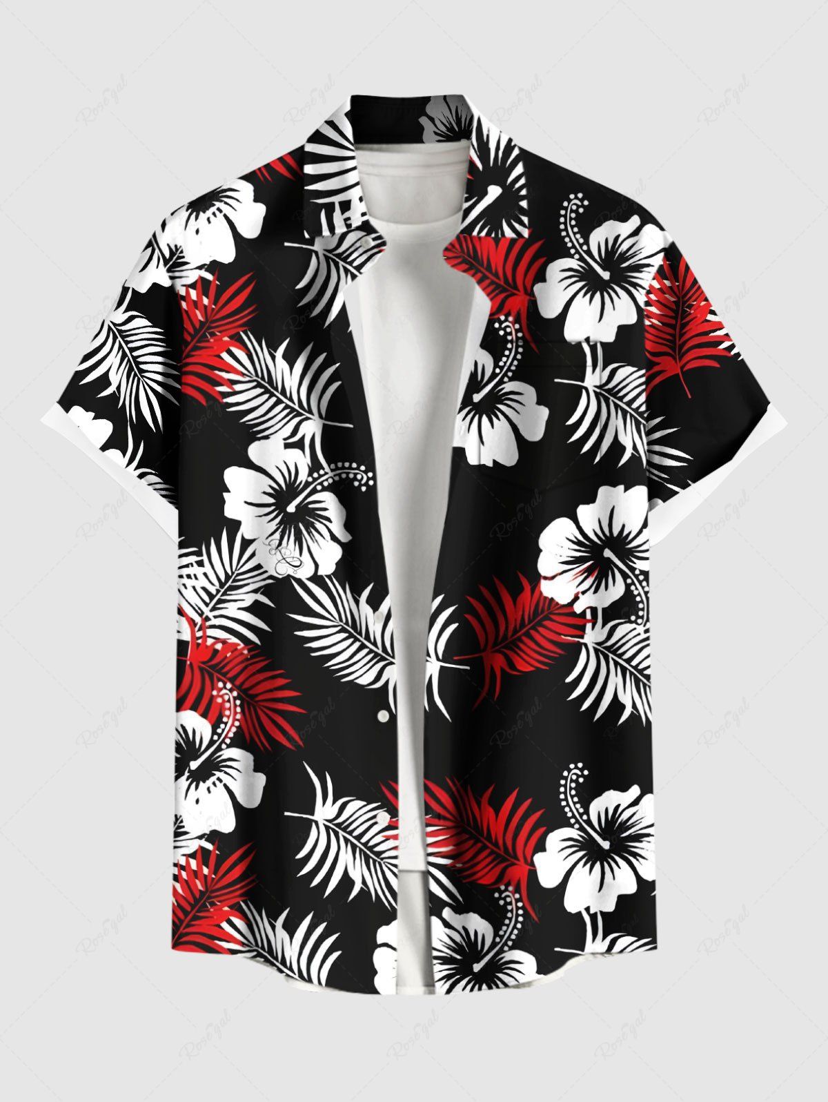 Shops Plus Size Two Tone Tropical Leaf Hibiscus Flower Print Hawaii Button Pocket Shirt For Men  