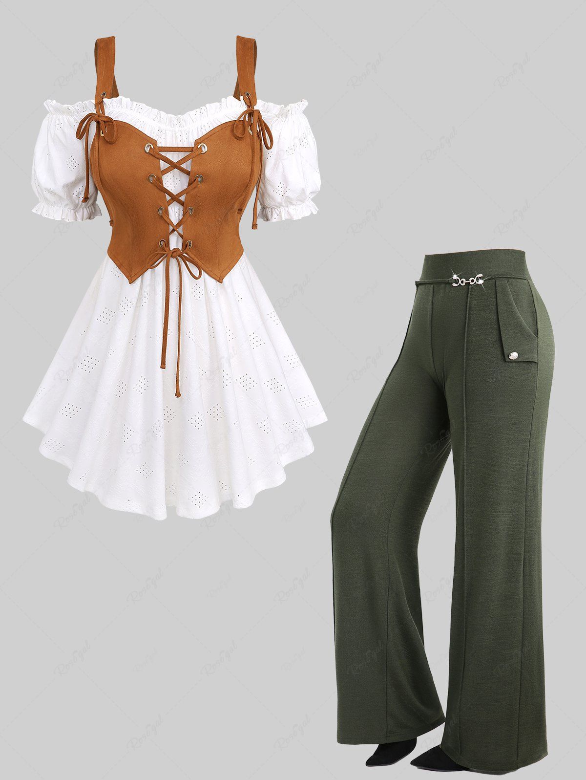 Affordable Lace Up Hollow Out Knit Jacquard Cold Shoulder 2 In 1 Top and Pintuck Buckle Waist Wide Leg Pants Plus Size Outfit  