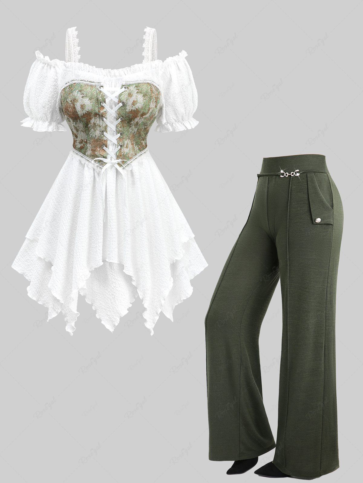 Latest Sunflower Oil Painting Print Lace Up Cold Shoulder Top and Pintuck Buckle Waist Wide Leg Pants Plus Size Outfit  