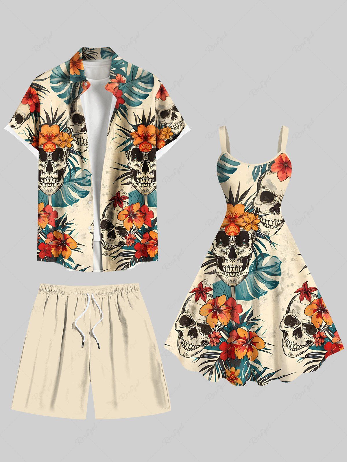 Fashion Skulls Tropical Leaf Hibiscus Flowers Print Plus Size Matching Hawaii Beach Outfit For Couples  