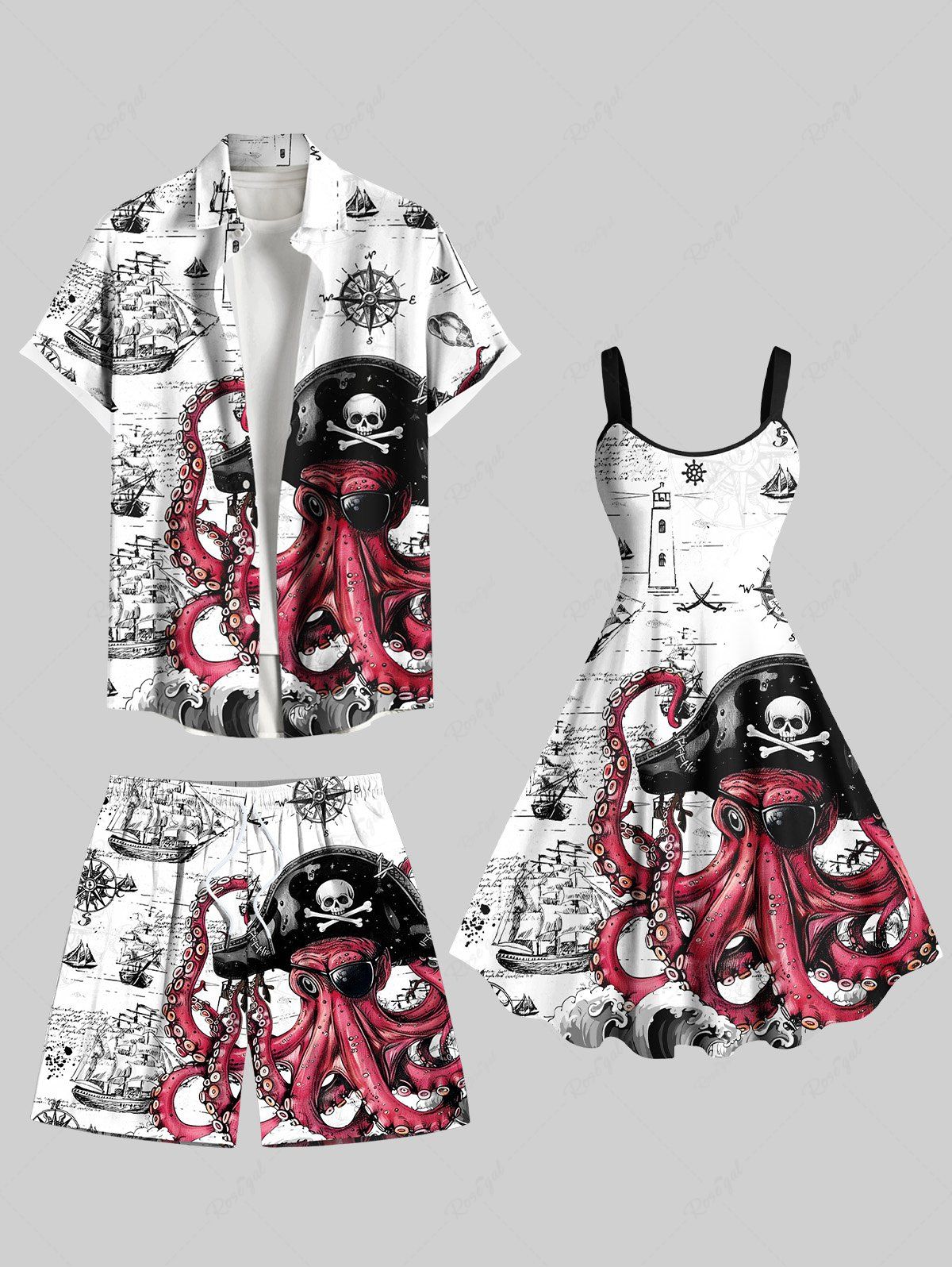 Hot Skull Octopus Pirate Sailboat Print Plus Size Matching Hawaii Beach Outfit For Couples  