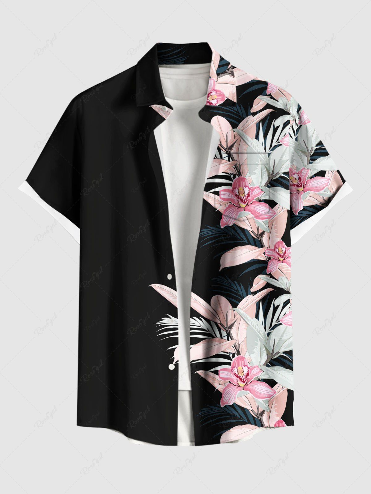 Store Plus Size Flowers Leaf Tropical Print Buttons Pocket Hawaii Shirt For Men  