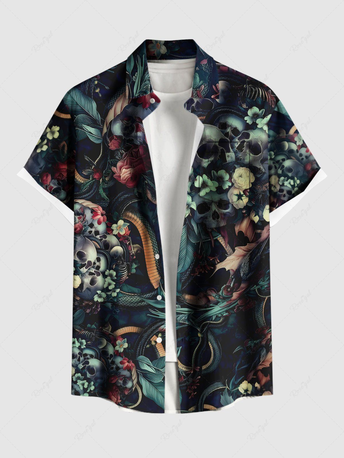 Chemise hawaïenne grande taille à boutons et poches, imprimé tête de mort, fleurs et serpent, pour homme Noir S