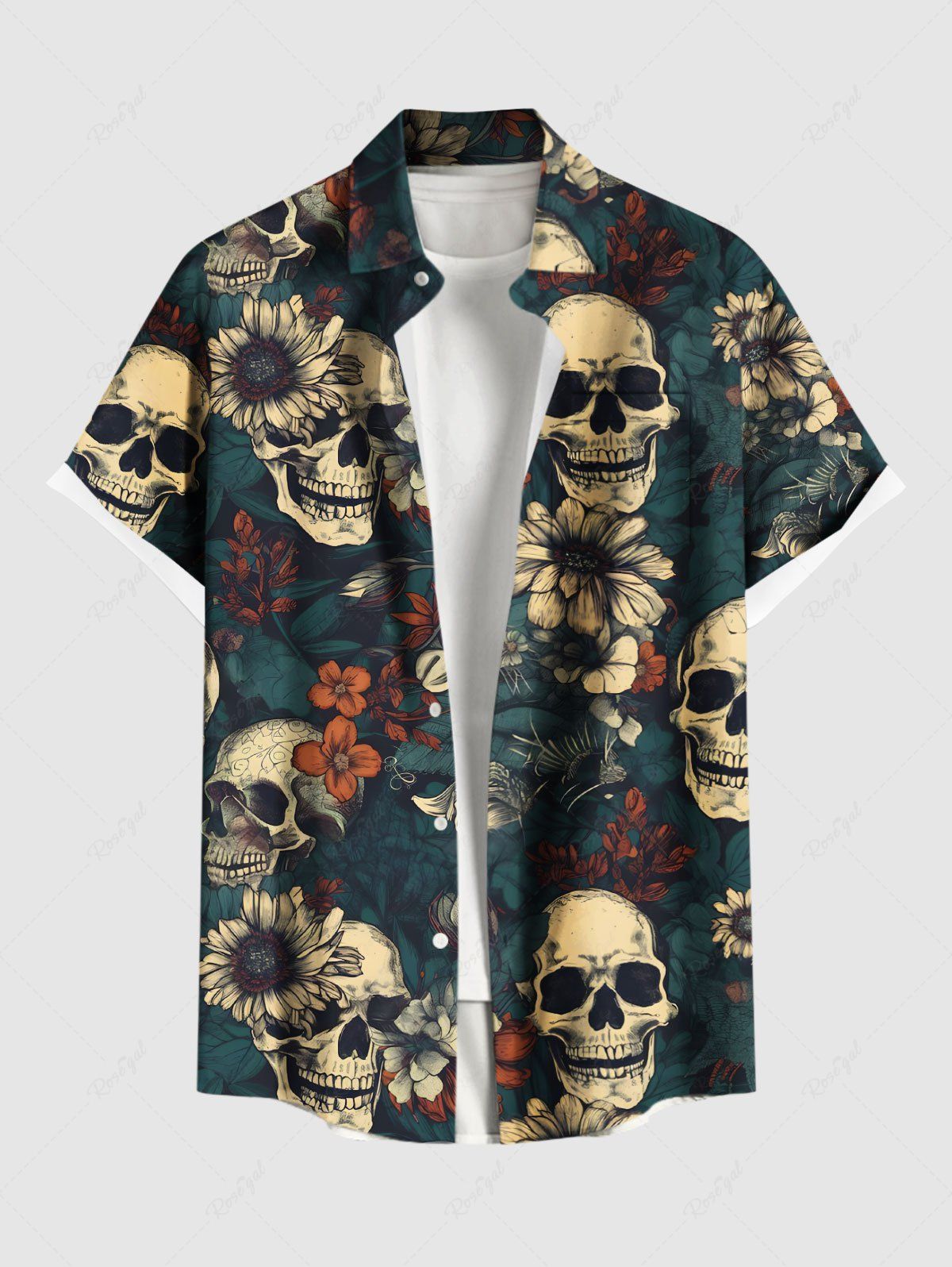 Cheap Plus Size Skulls Flowers Print Buttons Pocket Hawaii Shirt For Men  