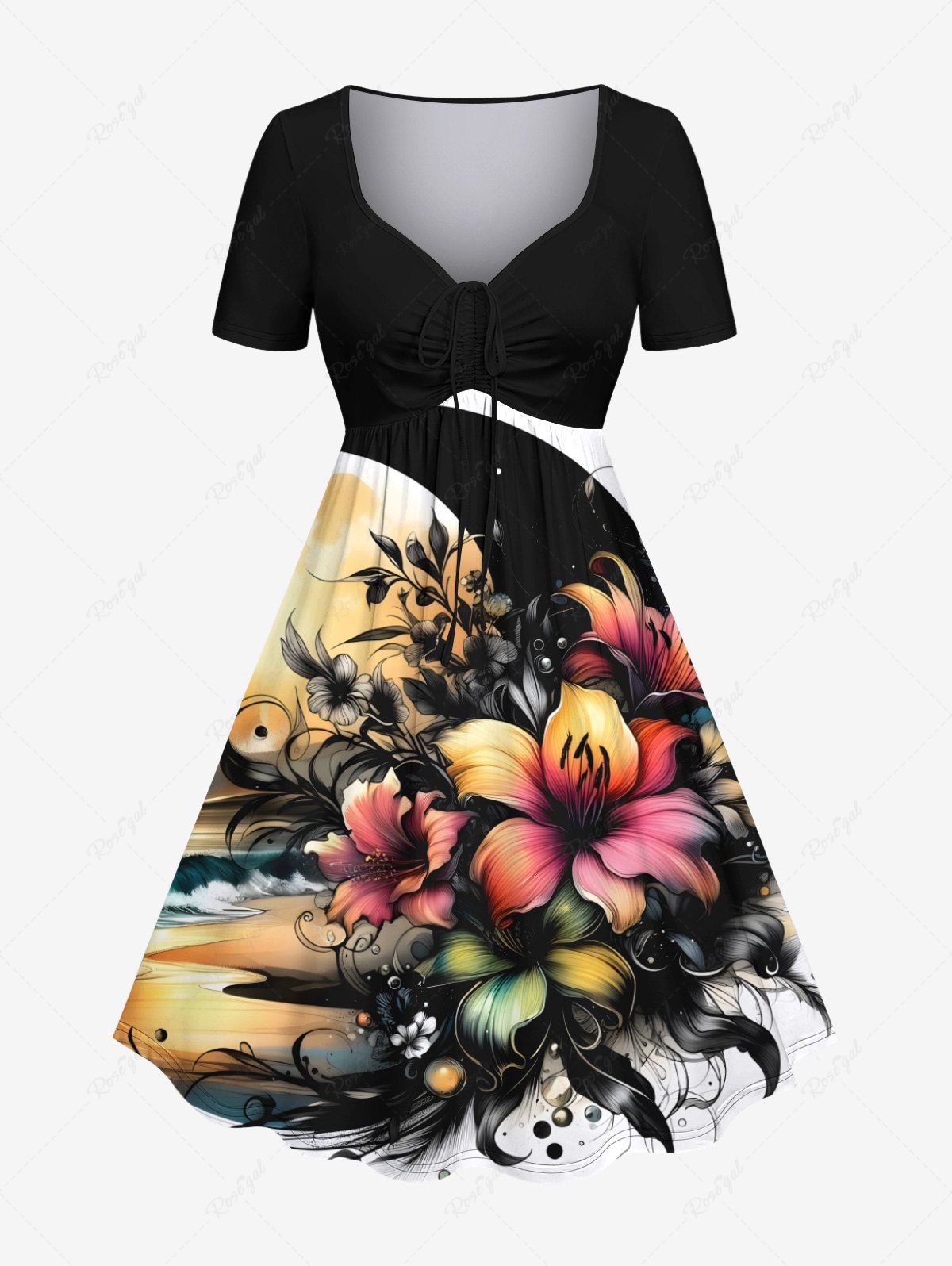 Shop Plus Size Flowers Leaf Moon Print Cinched Hawaii Dress  