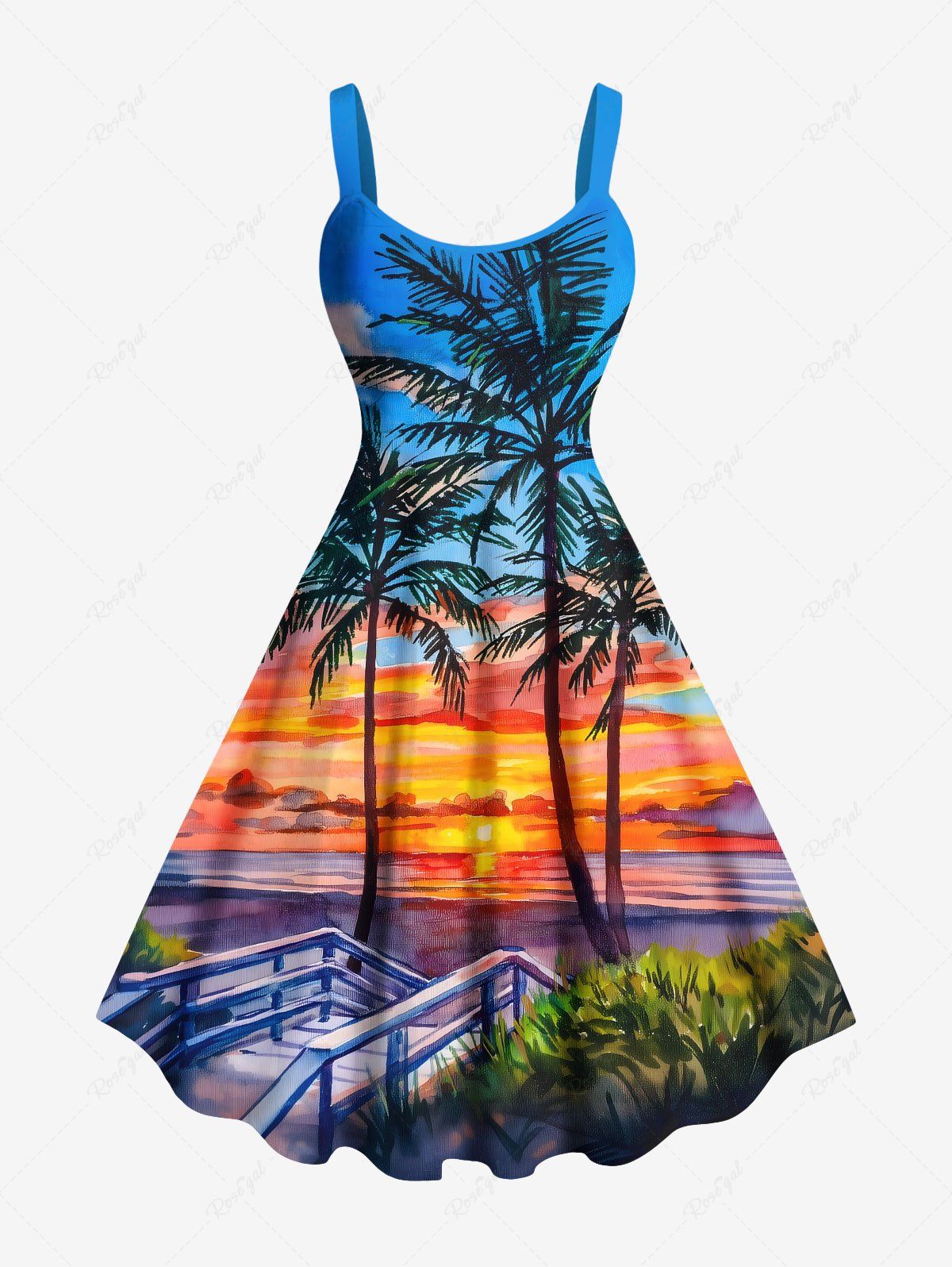 Shop Plus Size Coconut Tree Colorful Sky Cloud Print Hawaii Tank Dress  
