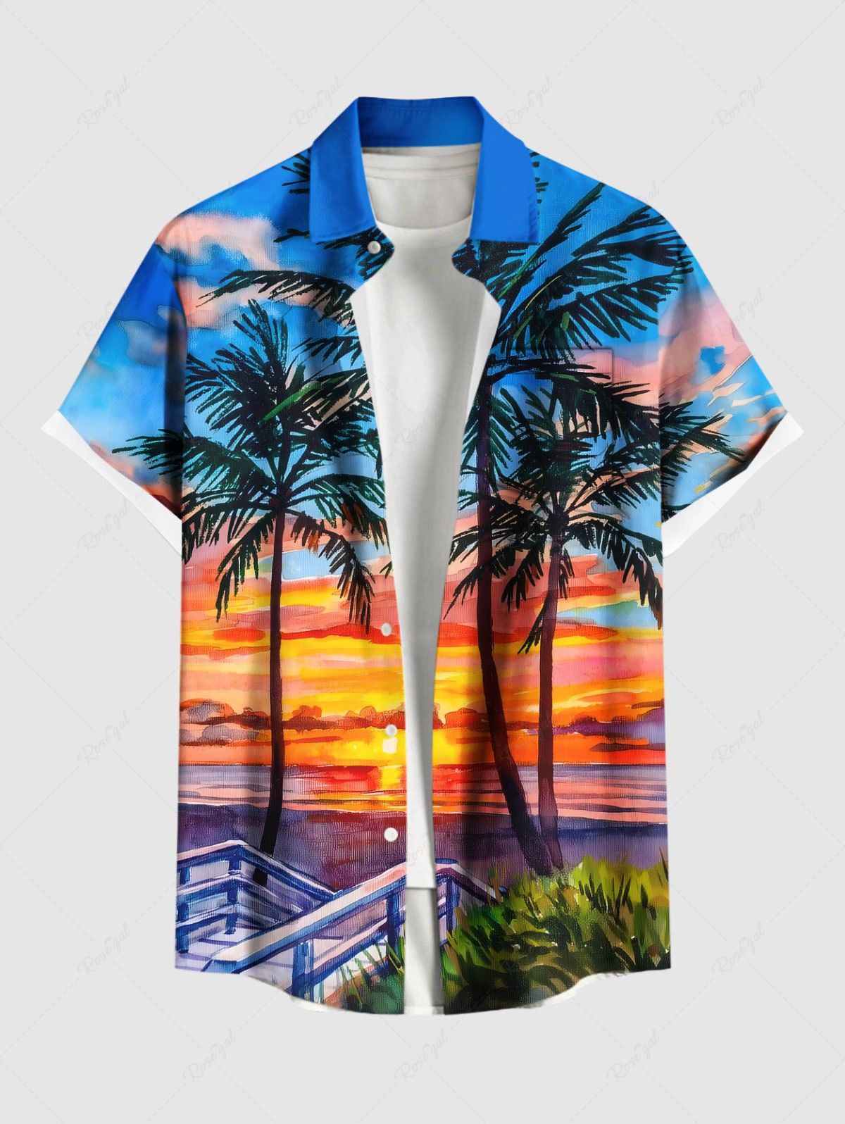 Chemise hawaïenne grande taille à boutons et poches pour homme, motif cocotiers, ciel coloré et nuages Bleu Ciel XL