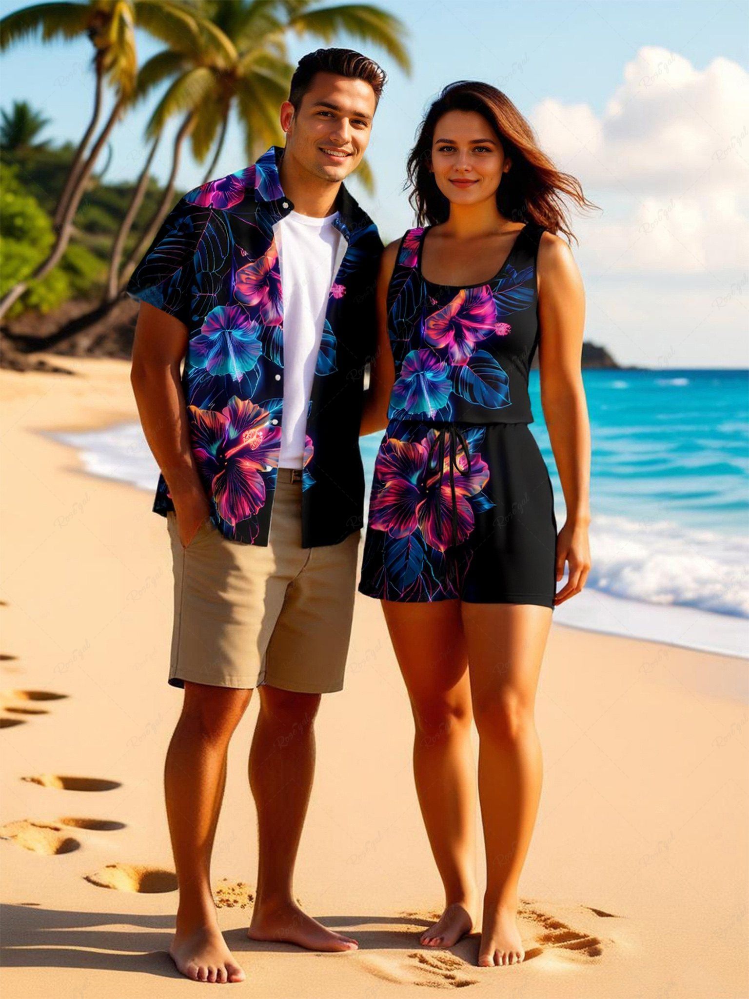 Tenue de plage hawaïenne assortie grande taille à imprimé tropical, fleurs d'hibiscus et feuilles, pour couples Noir 